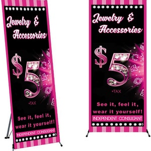Custom Info Jewelry  X stand with Vinyl Banner 24&quot;x63’  Stripes  Jewelry Independent Cosultants Fashion 5 bucks  13 oz