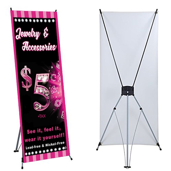 Custom Info Jewelry  X stand with Vinyl Banner 24"x63’  Stripes  Jewelry Independent Cosultants Fashion 5 bucks  13 oz