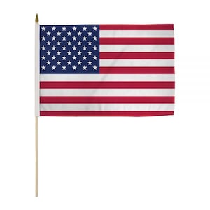 May include: A small American flag on a wooden stick. The flag features a blue canton with white stars and red and white stripes. The flag is displayed against a white background.