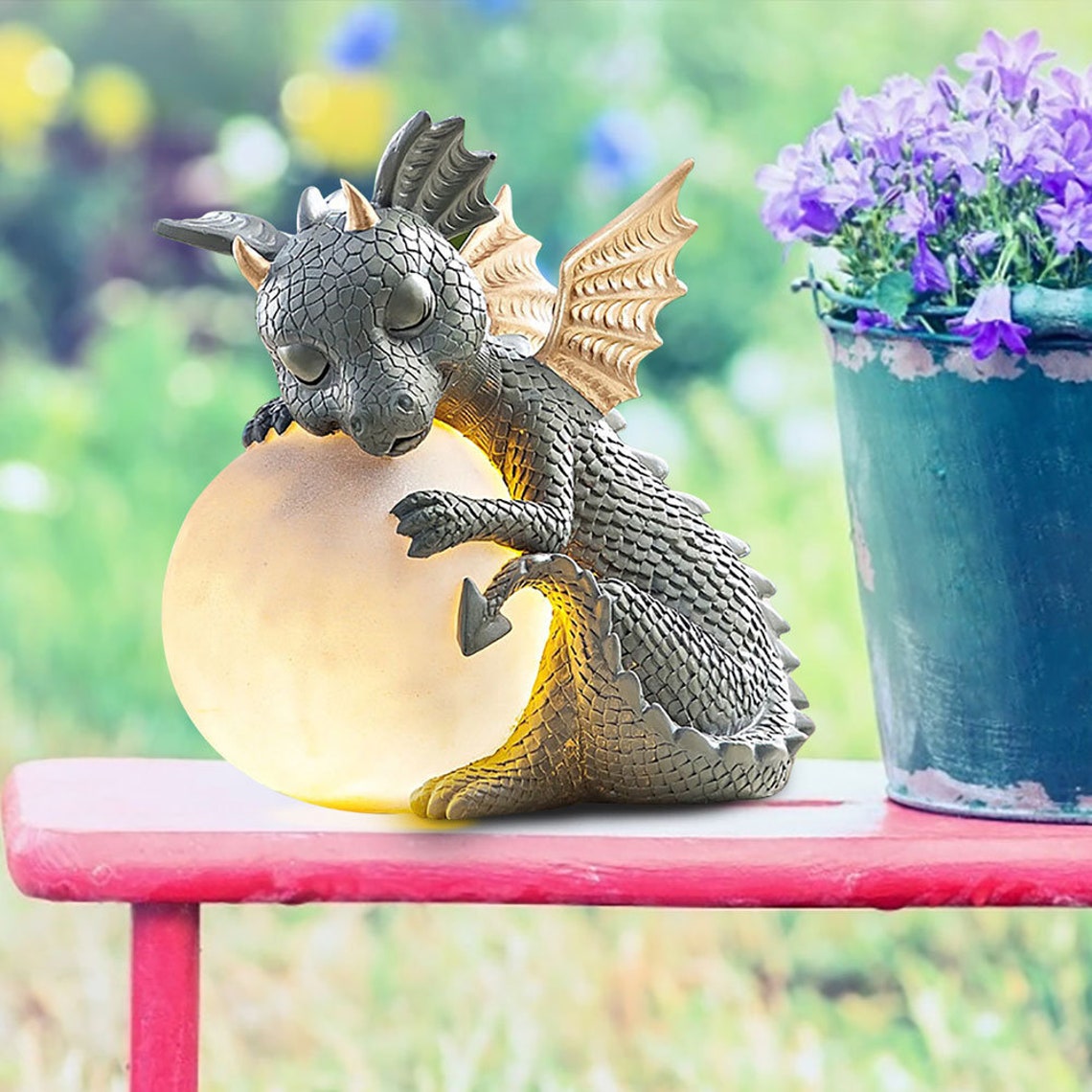 Garden Statue Dragon Garden Sculpture LED Light Battery Etsy