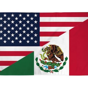 May include: A rectangular flag featuring a combined design of the United States and Mexico flags. The upper left corner displays the US flag with stars and stripes. The lower left corner has a green triangle, and the right side shows the Mexican flag.