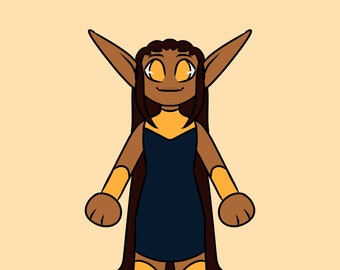 May include: A cartoon character illustration featuring brown skin, long brown hair, and large pointed ears. The character is dressed in a dark blue dress with gold accents, matching boots and armbands. The background is a light beige colour.