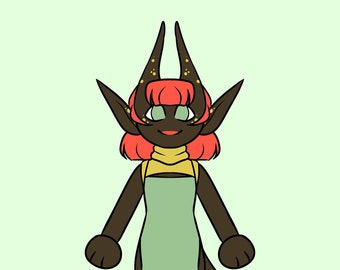May include: A cartoon illustration of a dark-skinned humanoid figure with red hair, black horns, and a green apron. The figure has a tail and is wearing a yellow turtleneck. The background is a light green colour.