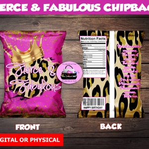 INSTANT DOWNLOAD Fierce & Fabulous Chip Bag | Happy Birthday Bag |Animal Print  Favor Bag | Custom Chip bag | DIY Chip Bag Party Decor