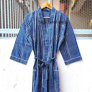 Indigo Blue Striped Block Print Cotton Kimono, Robe For Women & Men, Boho Bath Robe