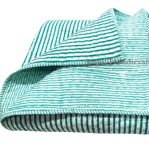 Trapunta Kantha con stampa a blocchi a righe, trapunta trapuntata in 100% cotone morbido, trapunta da letto cucita a mano, trapunta copridivano di lusso, trapunta Kantha reversibile