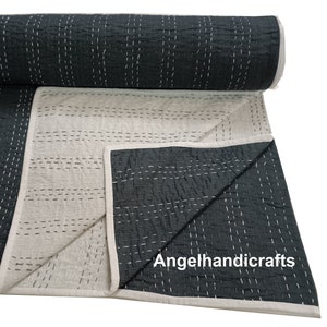 Solid Gray Cotton Kantha Bedding Throw, Indian Handmade Bedspread, Sofa Throw Reversible Coverlet image 6