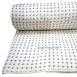 Solid White Kantha Quilt, Elegant Black Thread Kantha Quilt, 100% Cotton Quilted Kantha AC Blanket, Indian Reversible Sofa/Bed Decor Quilt