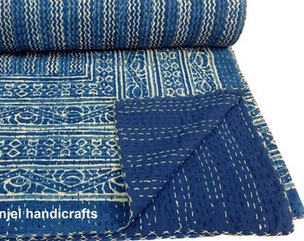 Indigo Blue Block Print Bedding Throw, Indian Hand Dyed Queen