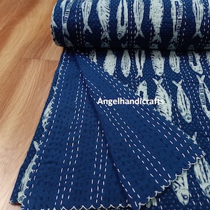 Indigo Blue Fish Block Print Quilt, 100% Cotton Kantha Bedcover, Indian Reversible Bedding Throw, Hand Dyed Bedspread Luxury AC Kantha Quilt