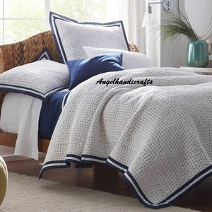 Reversible White Cotton Kantha Quilt, Solid White Blanket, Handmade Quilt, Cotton Quilted Hand Stitch Quilt, Kantha Bedding Quilt AC Blanket