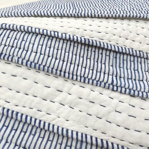 Navy Blue Stripe Block Print Kantha Quilt, Handmade Reversible Blanket Soft Cotton Bedding Cover