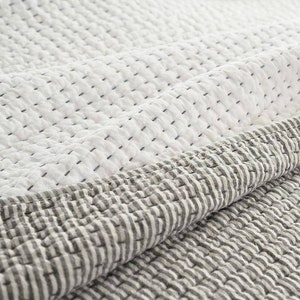Reversible Grey Stripe Quilt 100% Cotton Kantha Quilt India Hand Block Cotton Blanket Hand Stitch Quilt AC Blanket King Size Bedding Quilt