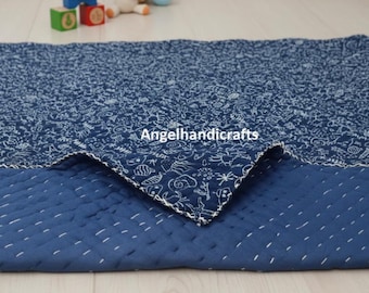 Indigo Blue Block Print Kantha Baby Quilt/Cotton Blanket/Nautical Sea Life Nursery Quilts
