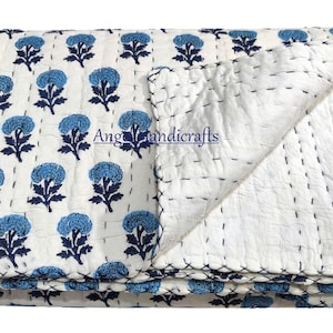 Blue Flower Hand Block Print Quilt, 100%Soft Cotton Quilted Kantha Quilt, Handmade Blanket, Reversible Bedding Quilt, Hand Stitch Sofa Quilt