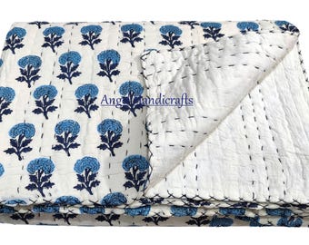Blue Flower Hand Block Print Quilt, 100%Soft Cotton Quilted Kantha Quilt, Handmade Blanket, Reversible Bedding Quilt, Hand Stitch Sofa Quilt