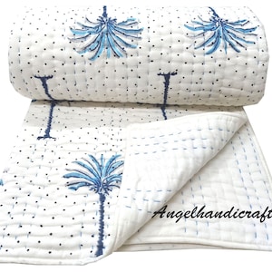 Blue Date Palm Block Print Cotton Kantha Quilt, Indian Handmade Blanket, Reversible Sofa Cover