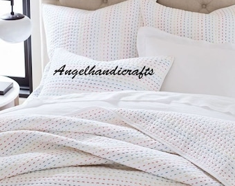Reversible Handmade Cotton Kantha Quilt, Indian Boho Bedding Coverlet Soft Blanket