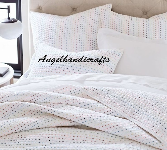 Solid White Cotton Kantha Quilt Handmade Reversible Blanket Hand