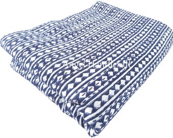 Indigo Blue Striped Block Print Cotton Kantha Quilt, Indian Reversible Bedspread, Bohemian Bedding Throw