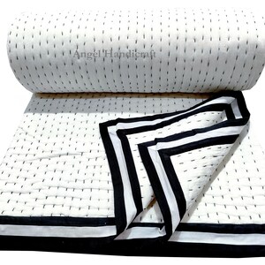 Solid White Cotton Kantha Quilt, Indian Handmade Reversible Soft Muslin Blanket/Sofa Quilt Black