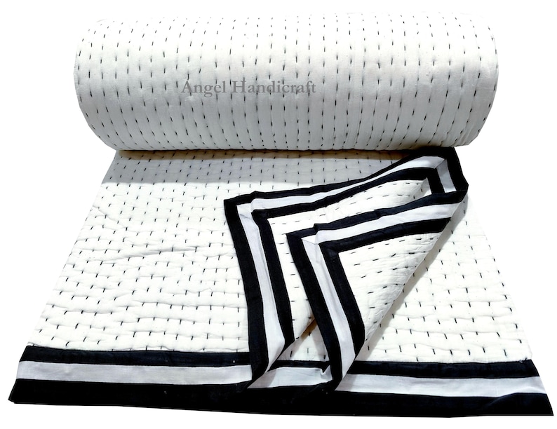 Solid White Cotton Kantha Quilt, Indian Handmade Reversible Soft Muslin Blanket/Sofa Quilt Black