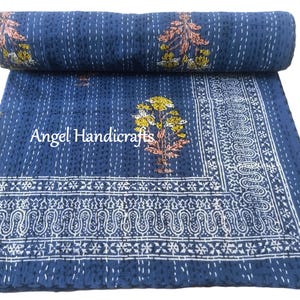 Indigo Kantha Überwurf, Indischer Reversible Block Print Quilt, Weicher Bettüberwurf, Elegante Handstich Tagesdecke, Natürlicher Hand gefärbter Überwurf