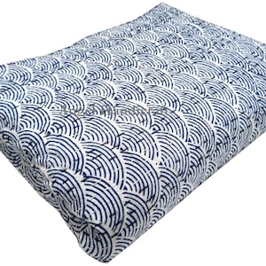 Blue Block Print Kantha Throw, Reversible Handmade Cotton Bedspread, Queen Size Sofa Quilt