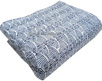 Blue Block Print Kantha Throw, Reversible Handmade Cotton Bedspread, Queen Size Sofa Quilt