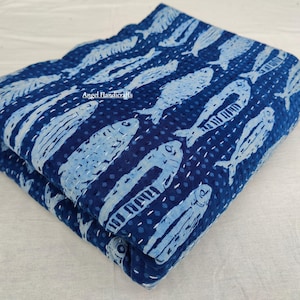 Fish Hand Block Print Kantha Throw, Handmade Twin Size Reversible Cotton Bedspread/Sofa Quilt