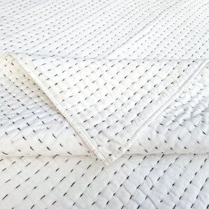 Solid White Cotton Kantha Quilt, Black Thread Hand Stitch Reversible Quilt, 100% Cotton Quilted Sofa Quilt, AC Blanket, Soft Bedding Quilt