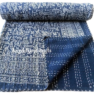 Solide Indigo Kantha Bettwäsche Überwurf, Indischer Block Print 100% Baumwolle Tagesdecke, Reversible Hand gefärbt Soft Gesteppte werfen, Queen-Size AC Tröster