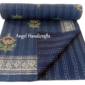 Indigo Kantha Bettwäsche Überwurf, Indischer Kantha Quilt mit Wunderschöner Blumendruck Tagesdecke, Home/Sofa/Bed Decor Quilt