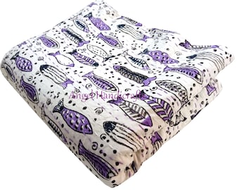 Purple Fish Block Print Kantha Quilt, Handmade Indian Bedspread, Queen Size Sofa Throw Coverlet