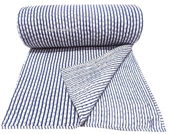 Colcha Kantha reversível com estampa de blocos listrados em azul, manta de algodão feita à mão, conjunto de cama.