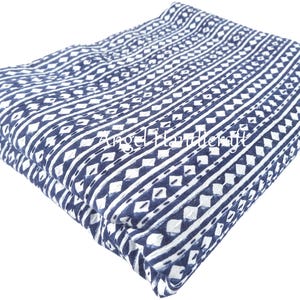 Indian Blue Stripe Print Throw, Indigo Kantha Quilt, 100% Soft Cotton Bedding Reversible Handmade AC Comforter, Hand-Block Print Bedspread