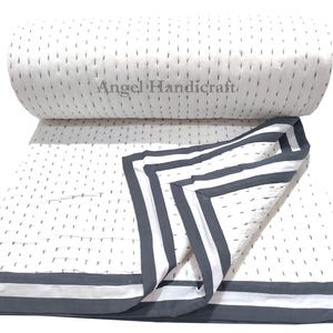 Solid White Cotton Kantha Quilt, Indian Handmade Reversible Soft Muslin Blanket/Sofa Quilt Gray