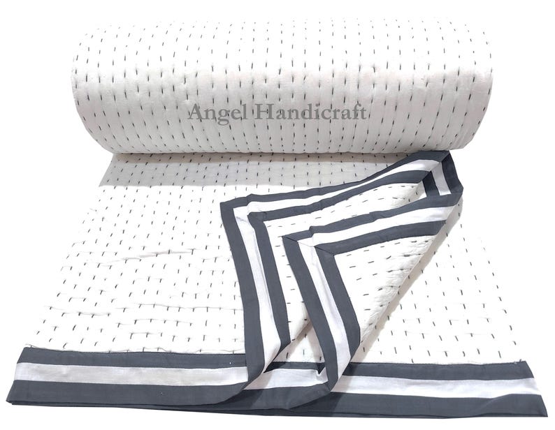Solid White Cotton Kantha Quilt, Indian Handmade Reversible Soft Muslin Blanket/Sofa Quilt Gray