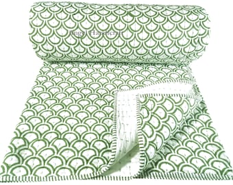 Hand Block Print Cotton Quilt, Reversible Kantha Blanket, Jaipuri Razai Bedspread