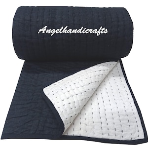 Solid Black Cotton Kantha Quilt | Hand Stitched Indian Bedspread | Reversible Throw Blanket