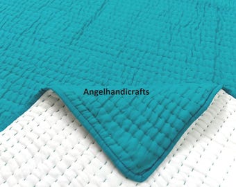 Reversible Cotton Kantha Quilt - Solid Color Hand-Stitched Bedding Throw - Soft Mulmul Blanket