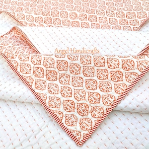 Trapunta Kantha in cotone con stampa a blocchi indiana, trapunta reversibile, coperta decorativa di lusso per divano/letto, trapunta king/queen size, trapunta trapuntata in cotone