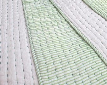 Reversible Handmade Blanket, Light Green Stripe Block Print Cotton Kantha Quilt, Indian Bedding Blanket