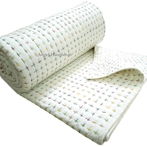 Solid White 100% Cotton Kantha Quilt, Indian Reversible Bedding Quilt, Elegant Hand Stitch Summer AC Blanket, Bed/Sofa Decor King Size Quilt