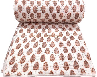 Hand-Stitched Kantha Quilt |  Block Print Cotton Bedding | Luxury Bohemian Throw Blanket | Artisan-Made Soft Mulmul Voile Quilt