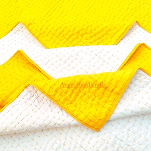 Solid Yellow Kantha Quilt, Indian Handmade Blanket/Reversible Cotton Bed/Sofa Quilts