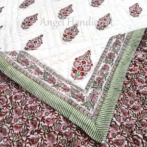 Trapunta indiana Jaipuri, trapunta con stampa a blocchi, Razai reversibile, trapunta con stampa floreale fatta a mano in cotone, cucitura a mano Jaipuri Razai, coperta morbida e accogliente