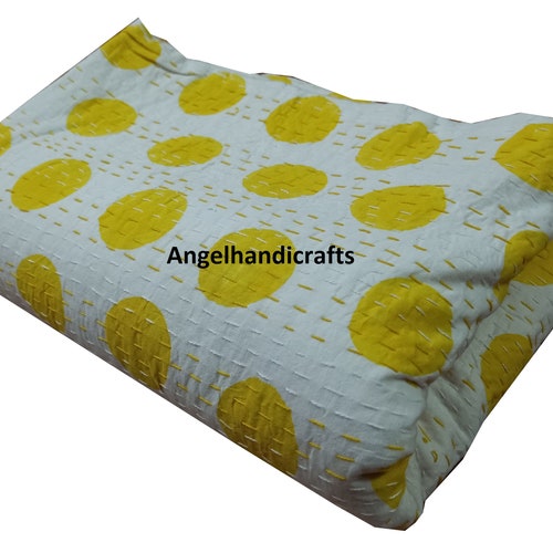 Couvre-lit kantha à pois jaunes fait main jeté de lit king size Couverture en coton indien couvre-lit point à la main de literie Couvre-lit d'hiver