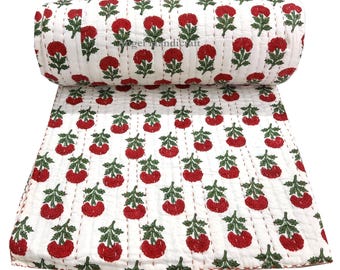 Red Flower Block Print Cotton Kantha Quilt, Reversible Handmade Blanket, Soft Bedding Set