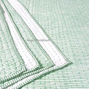 Light Green Stripe Print Kantha Quilt, Indian Reversible Handmade Quilt, Soft Cotton Quilted Quilt Hand Block Print Bedding Quilt AC Blanket